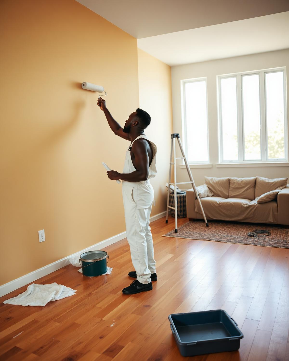 KWH Painting Services painter rolling paint on a living room wall with paint can and drop cloths on the floor
