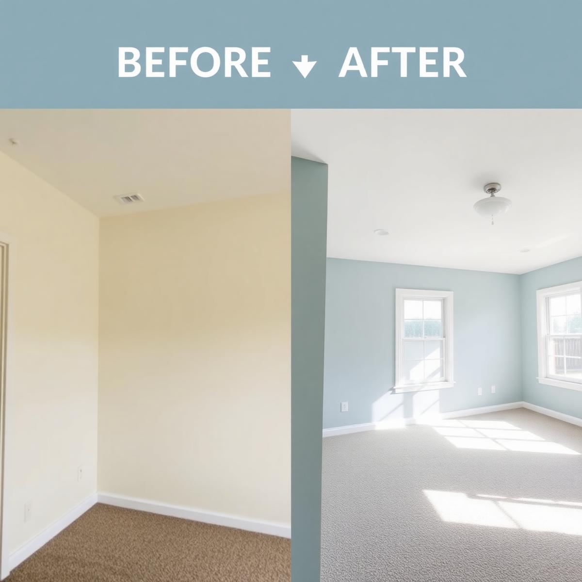Before and after bedroom repaint in soft sage blue