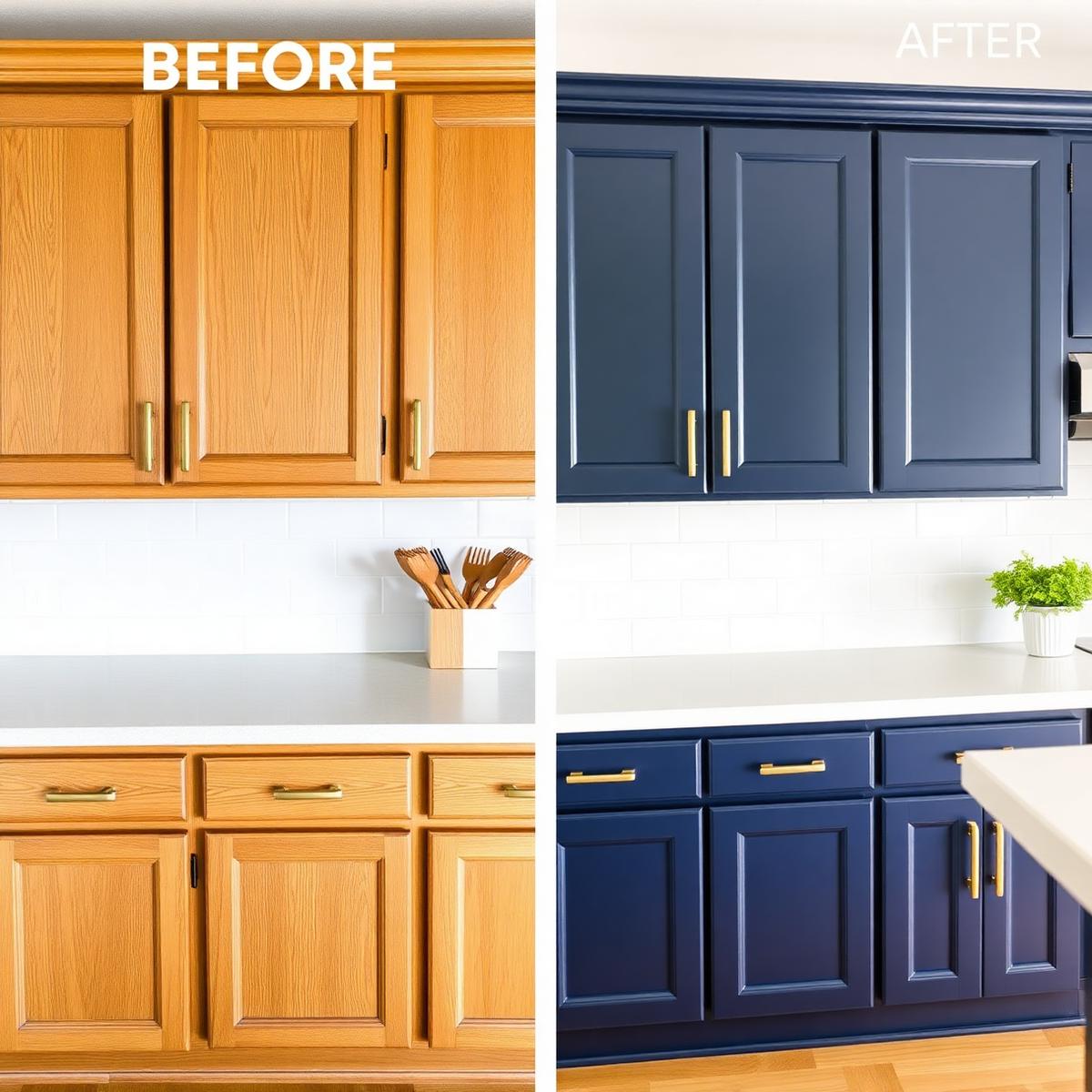 Before and after kitchen cabinet refinishing from oak to deep navy blue