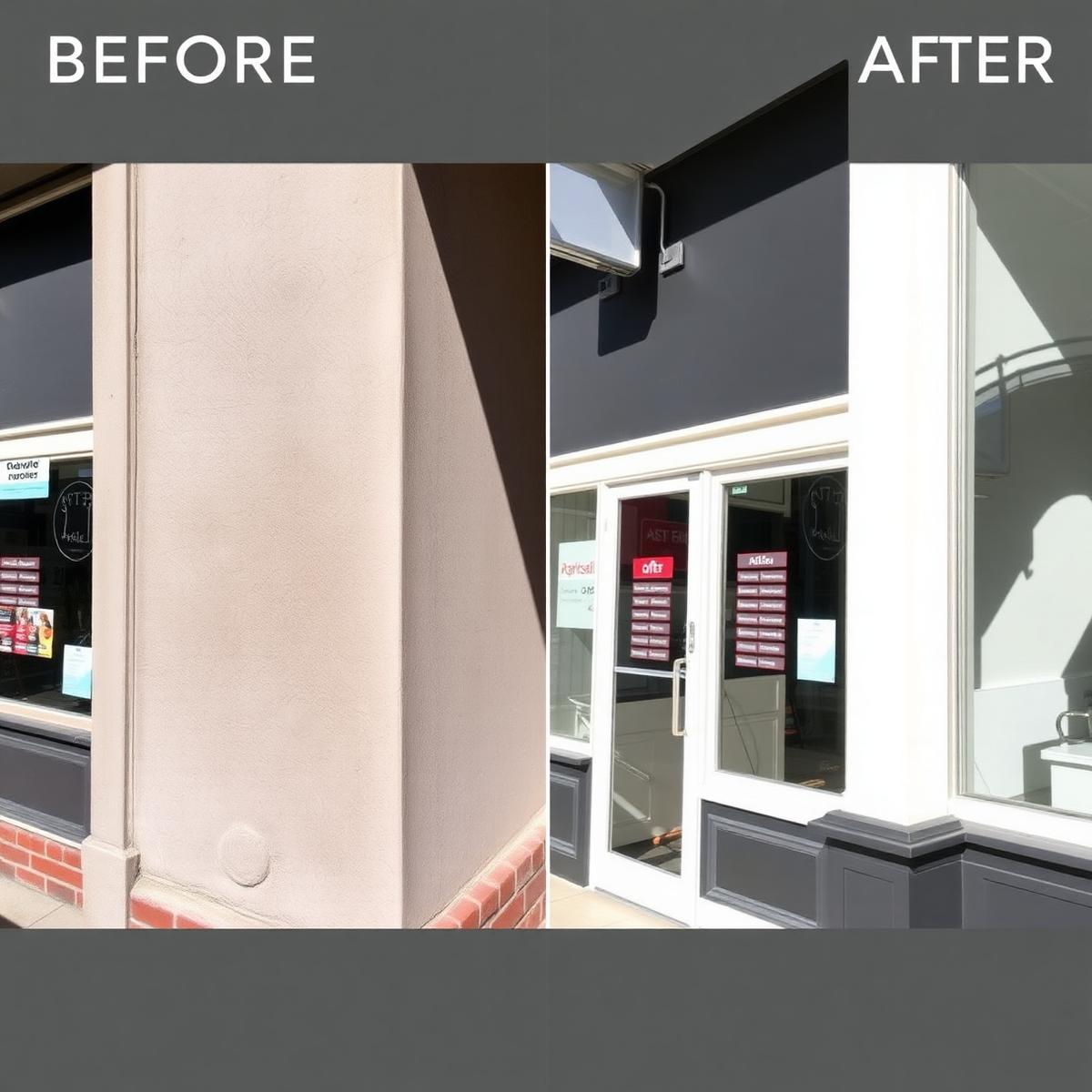 Before and after commercial storefront repaint in modern charcoal