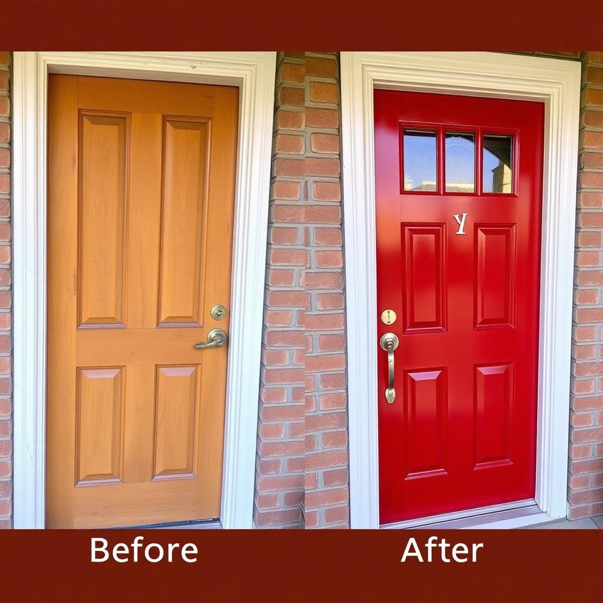 Before and after front door repaint in bold glossy red