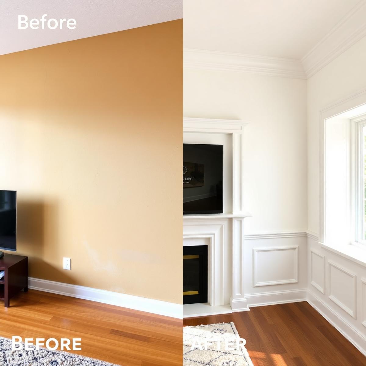 Before and after interior living room repaint in crisp warm white
